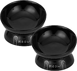 Park Life Designs Meow Design Ceramic Elevated Cat Bowls, 2 count, Black, 2-cup