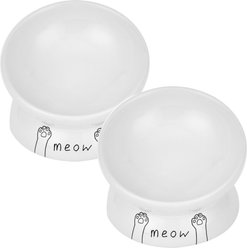 Park Life Designs Meow Design Ceramic Elevated Cat Bowls, 2 count, White, 1-cup