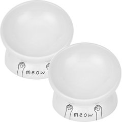 Park Life Designs Meow Design Ceramic Elevated Cat Bowls, 2 count, White, 1-cup