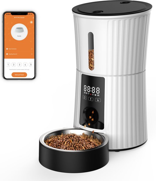 Show full view: PATPET 2.4G WiFi Timed with 10S Voice Recorder & Desiccant Bag Automatic Dog & Cat Feeder, 4-L, White slide 1 of 8
