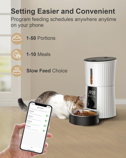 Show full view: PATPET 2.4G WiFi Timed with 10S Voice Recorder & Desiccant Bag Automatic Dog & Cat Feeder, 4-L, White slide 3 of 8