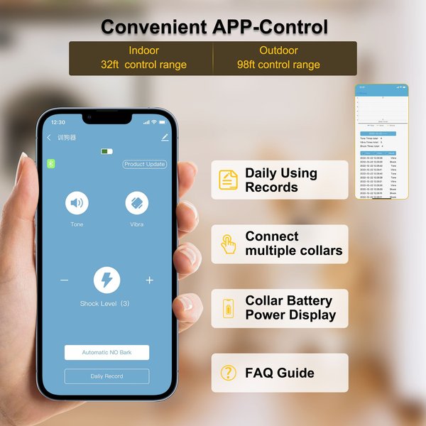 Show full view: PATPET P930 APP Bluetooth & Rechargeable Remote Training Dog Collar, Desert Grey slide 3 of 10