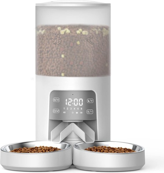 PATPET PF02D Timed Automatic Double Bowl Dog & Cat Feeder with Voice Recorder, White, 25.4-cup