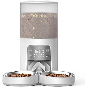 PATPET PF02D Timed Automatic Double Bowl Dog & Cat Feeder with Voice Recorder, White, 25.4-cup