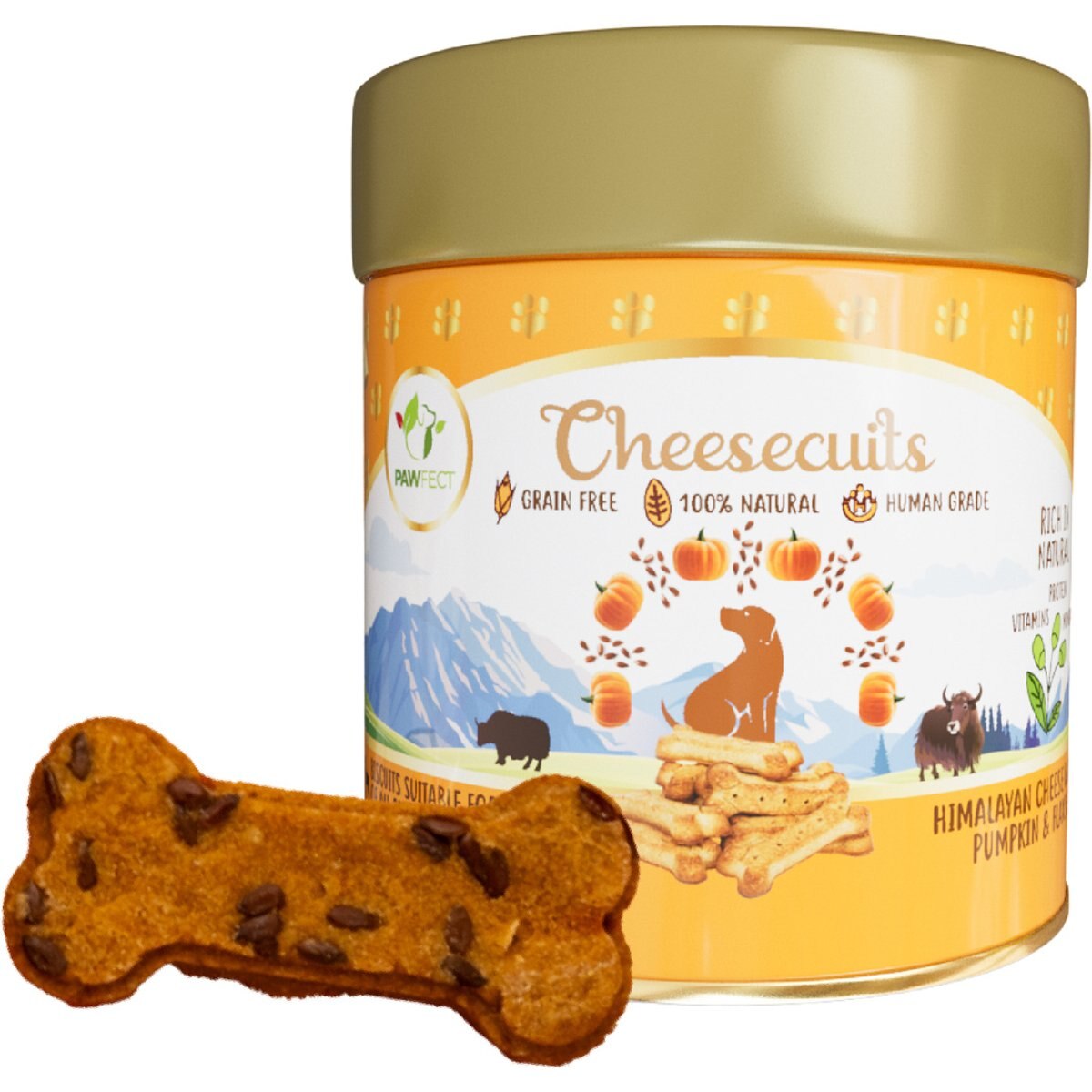 Pawfect All Natural Grain-Free Cheese Biscuits with Pumpkin, Flaxseed & Eggs Crunchy Dog Training Treats, 3.53-oz tin