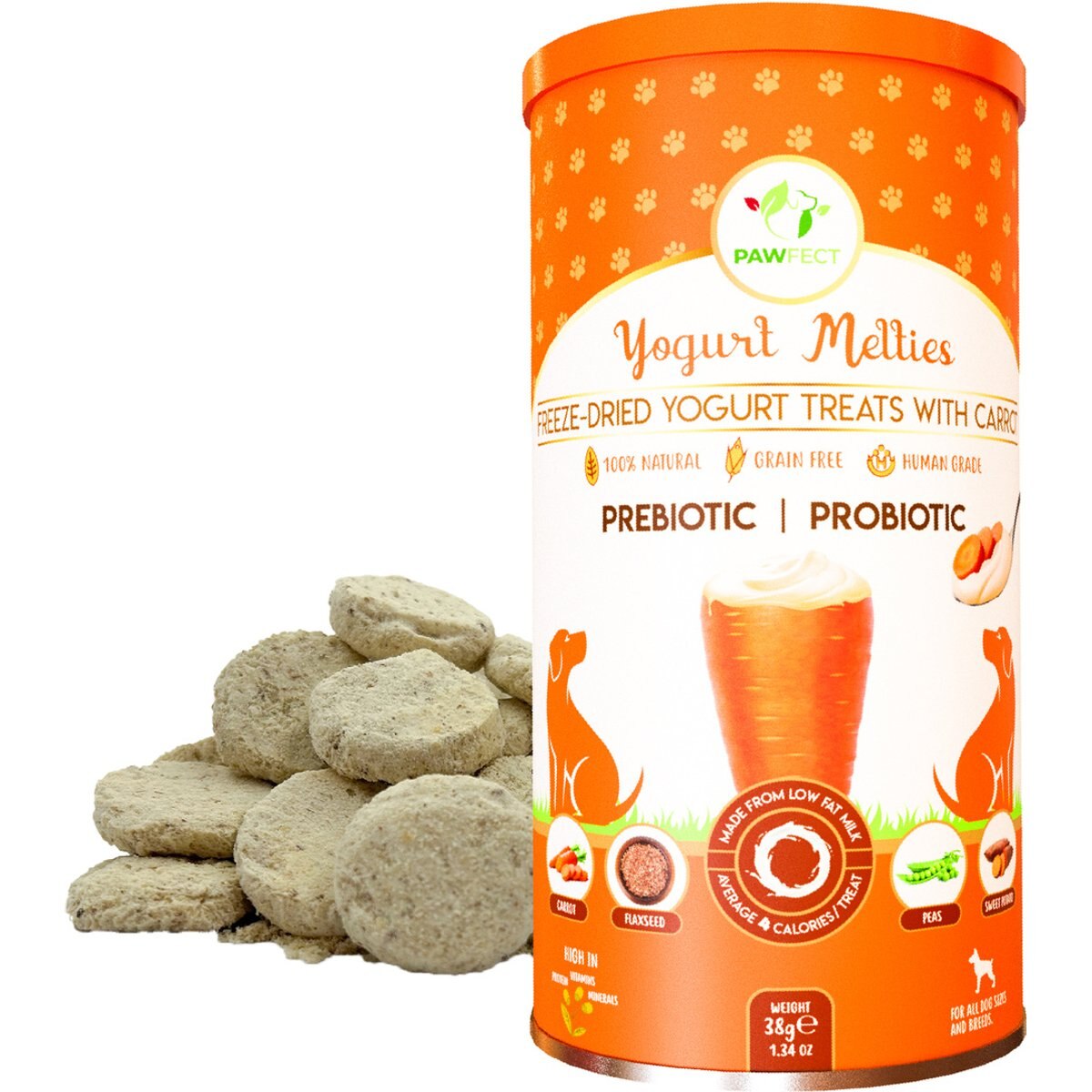 Pawfect Yogurt Melties All Natural Grain-Free Yogurt with Real Carrot Flaxseed Peas Sweet Potato Freeze-Dried Dog Prebiotic & Probiotic Training Treats, 1.34-oz canister