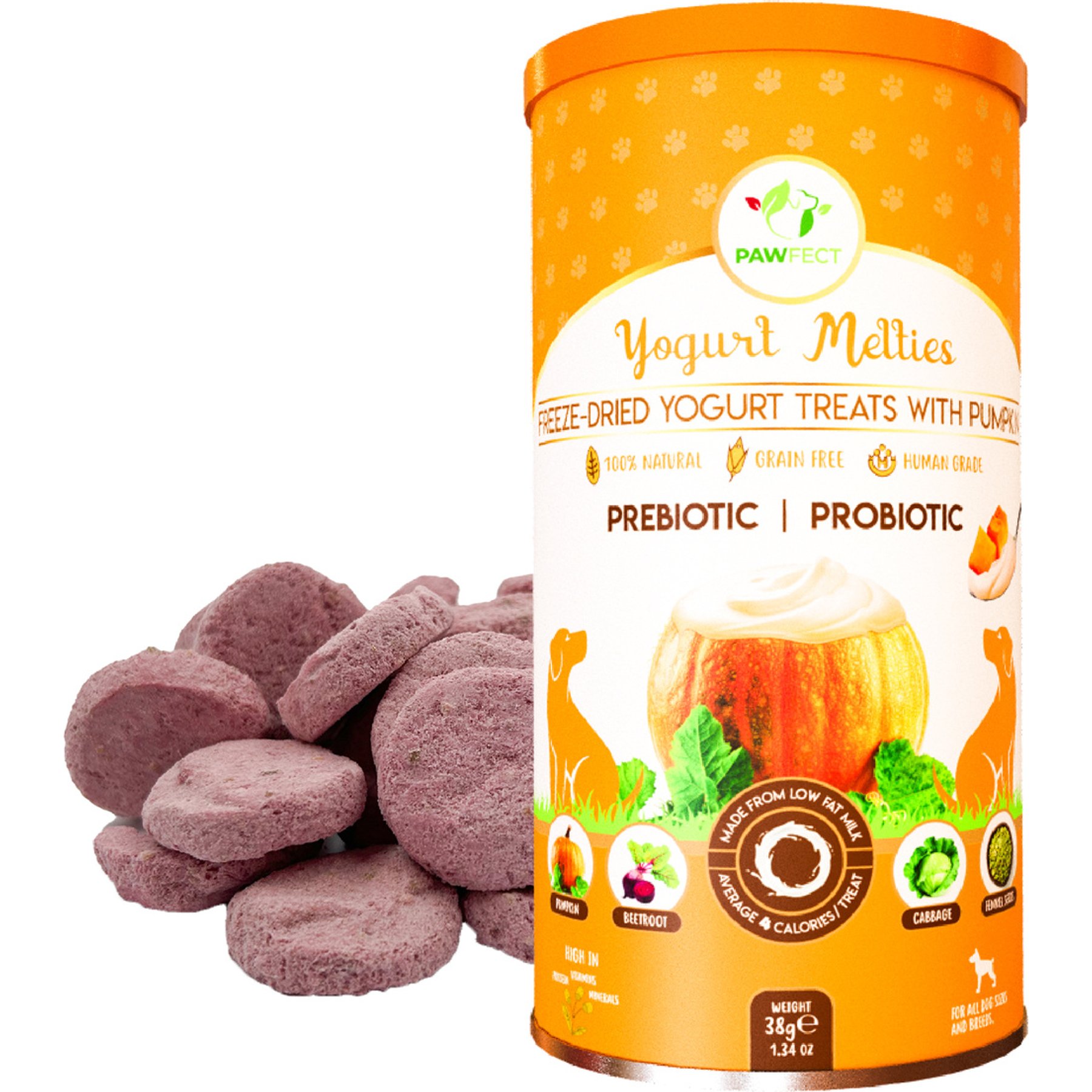 Pawfect Yogurt Melties All Natural Grain-Free Yogurt with Real Pumpkin Beetroot Cabbage Fennel Seeds Freeze-Dried Dog Prebiotic & Probiotic Training Treats, 1.34-oz canister