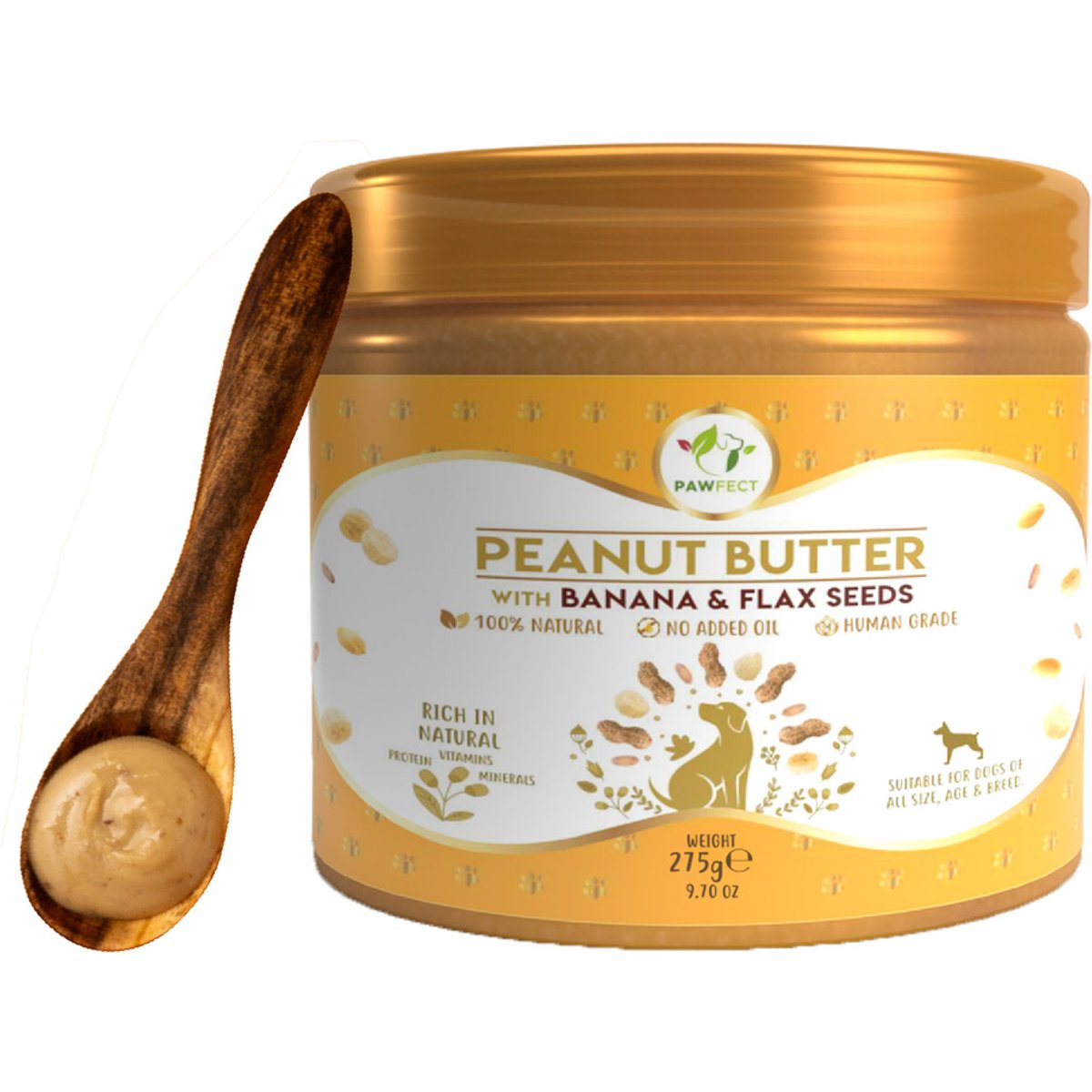 Pawfect All Natural Peanut Butter with Banana & Flaxseeds Grain-Free Food Topper & Lickable Dog Treat, 9.7-oz jar