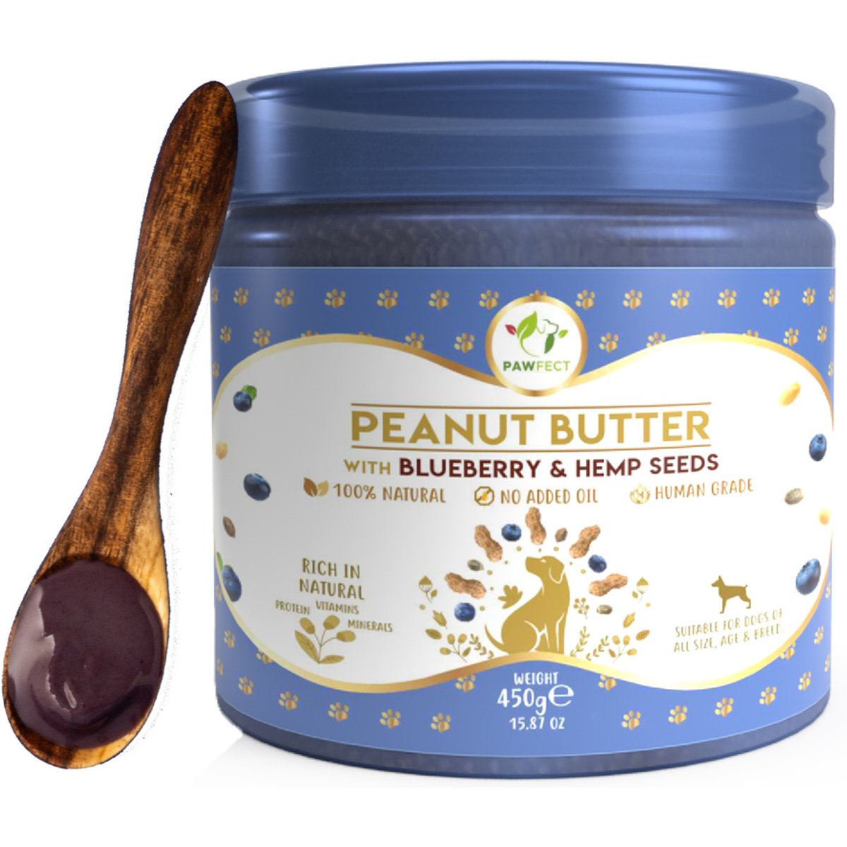 Pawfect All Natural Peanut Butter with Blueberry & Hempseeds Grain-Free Food Topper & Lickable Dog Treat, 15.87-oz jar