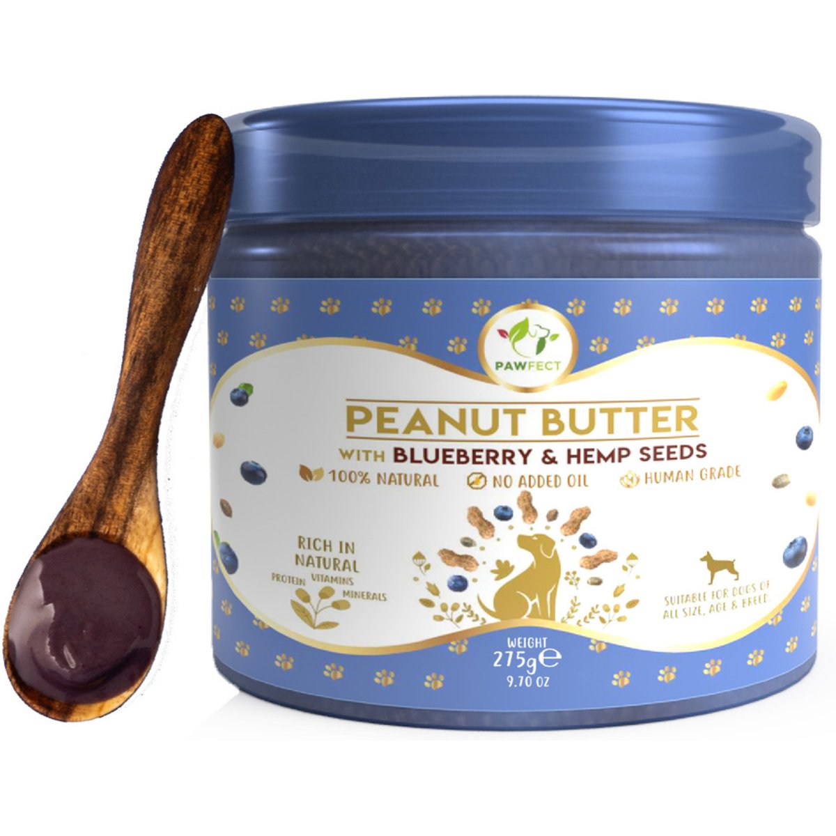 Pawfect All Natural Peanut Butter with Blueberry & Hempseeds Grain-Free Food Topper & Lickable Dog Treat, 9.70-oz jar