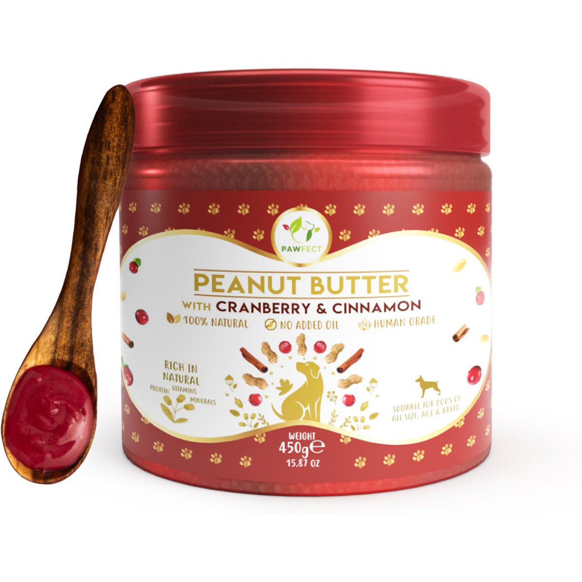 Pawfect All Natural Peanut Butter with Cranberry & Cinnamon Grain-Free Food Topper & Lickable Dog Treat, 15.87-oz jar