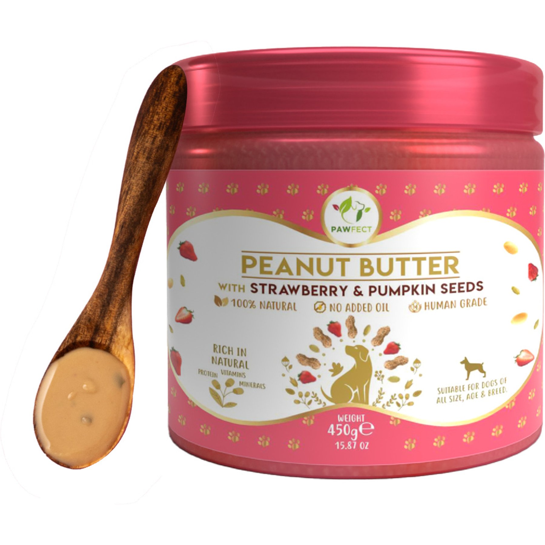 Pawfect All Natural Peanut Butter with Strawberry & Pumpkin Seeds Grain-Free Food Topper & Lickable Dog Treat, 15.87-oz jar