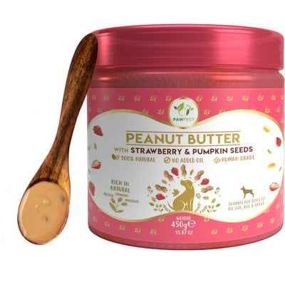 Pawfect Pawfect All Natural Peanut Butter with Strawberry & Pumpkin Seeds Grain-Free Food Topper & Lickable Dog Treat, 15.87-oz jar