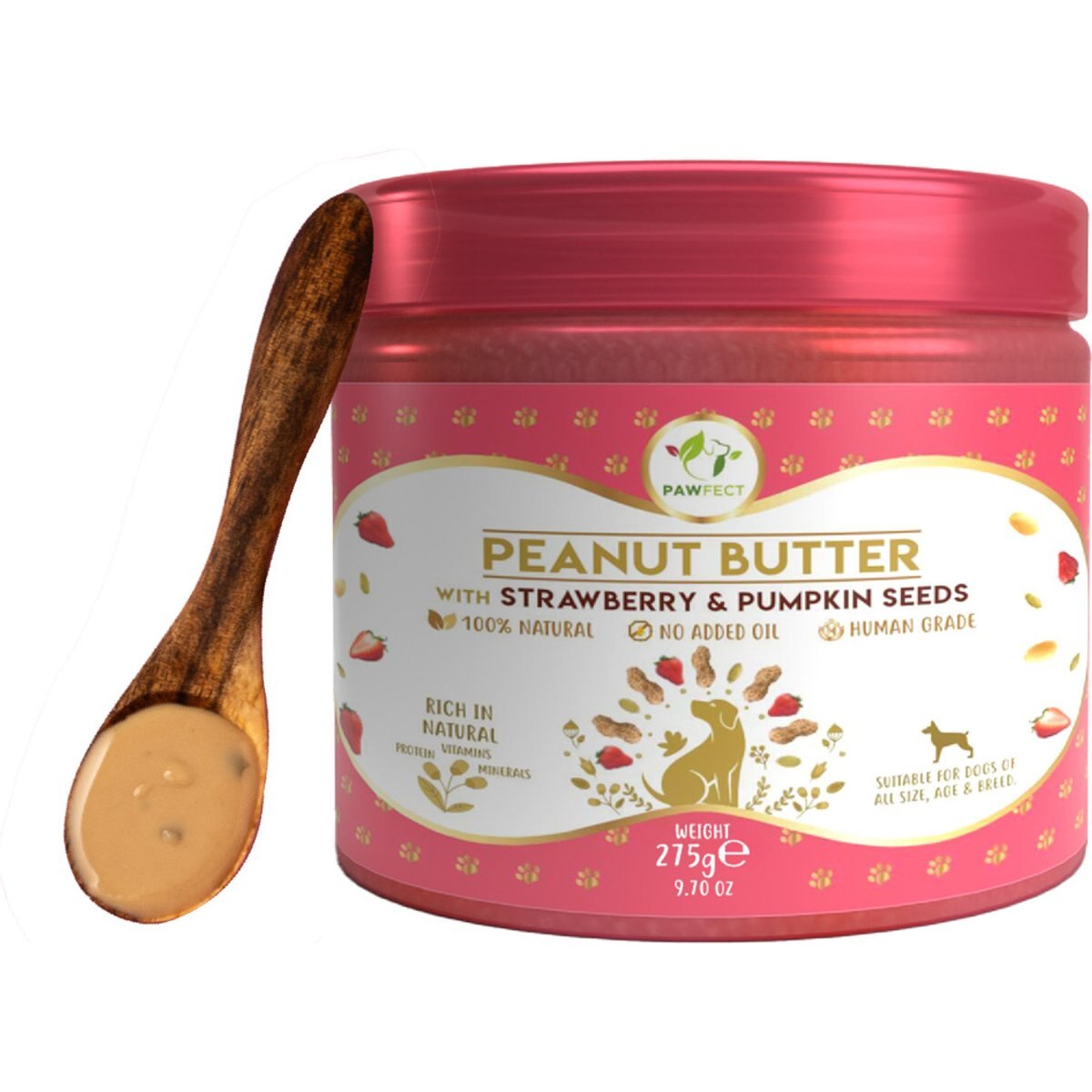 Pawfect All Natural Peanut Butter with Strawberry & Pumpkin Seeds Grain-Free Food Topper & Lickable Dog Treat, 9.70-oz jar