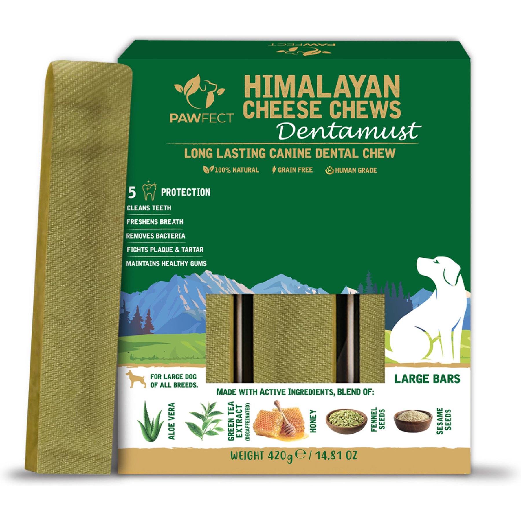 Pawfect Dentamust Himalayan Yak Cheese Chews Medium Long-Lasting All-Natural with Real Aloe Vera Green Tea Extract Honey Fennel Seeds Sesame Seed Dental Dog Treats, 6.87-oz
