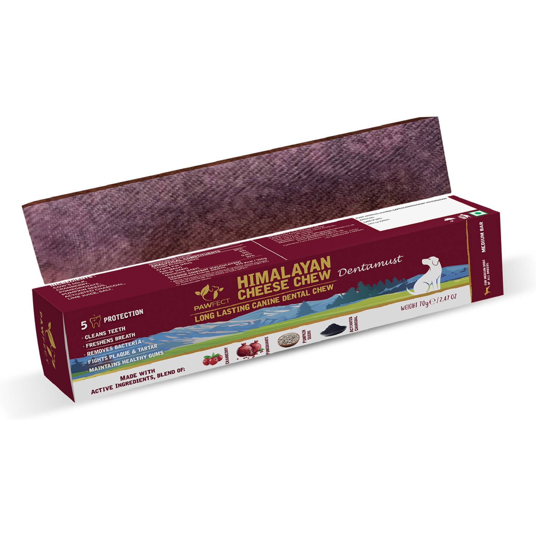 Pawfect Dentamust Himalayan Yak Cheese Chews Medium Long-Lasting All-Natural with Real Cranberry Pomengranate Pumpkin seeds Activated Charcoal Dental Dog Treats, 2.47-oz