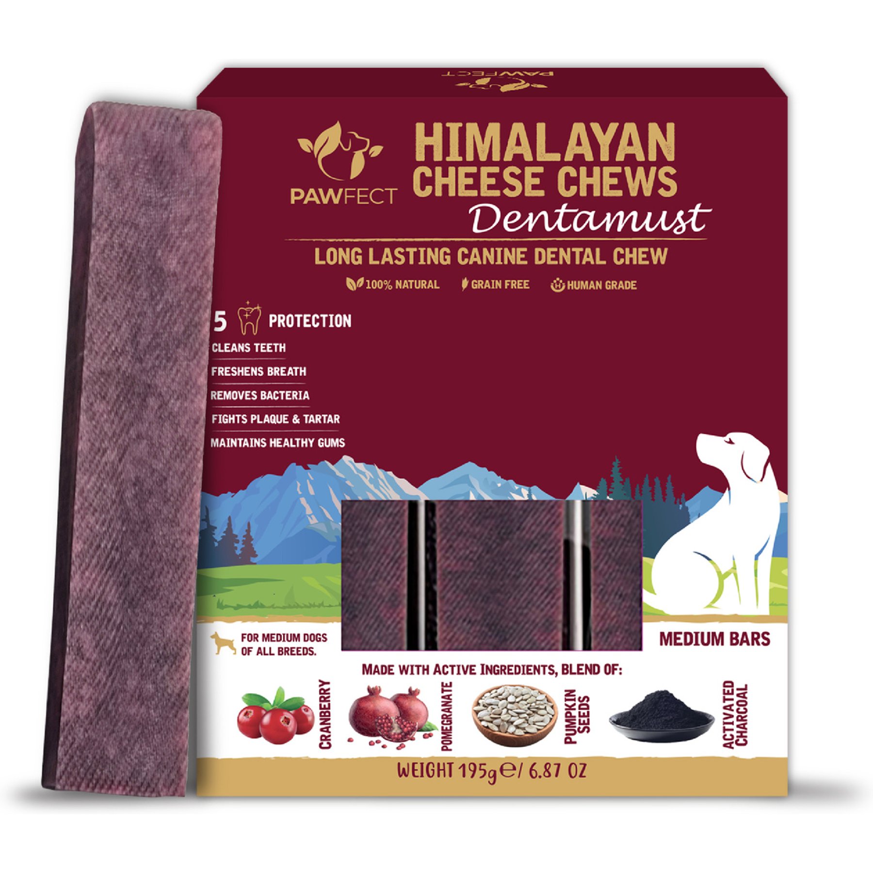 Pawfect Dentamust Himalayan Yak Cheese Chews Medium Long-Lasting All-Natural with Real Cranberry Pomengranate Pumpkin seeds Activated Charcoal Dental Dog Treats, 6.87-oz
