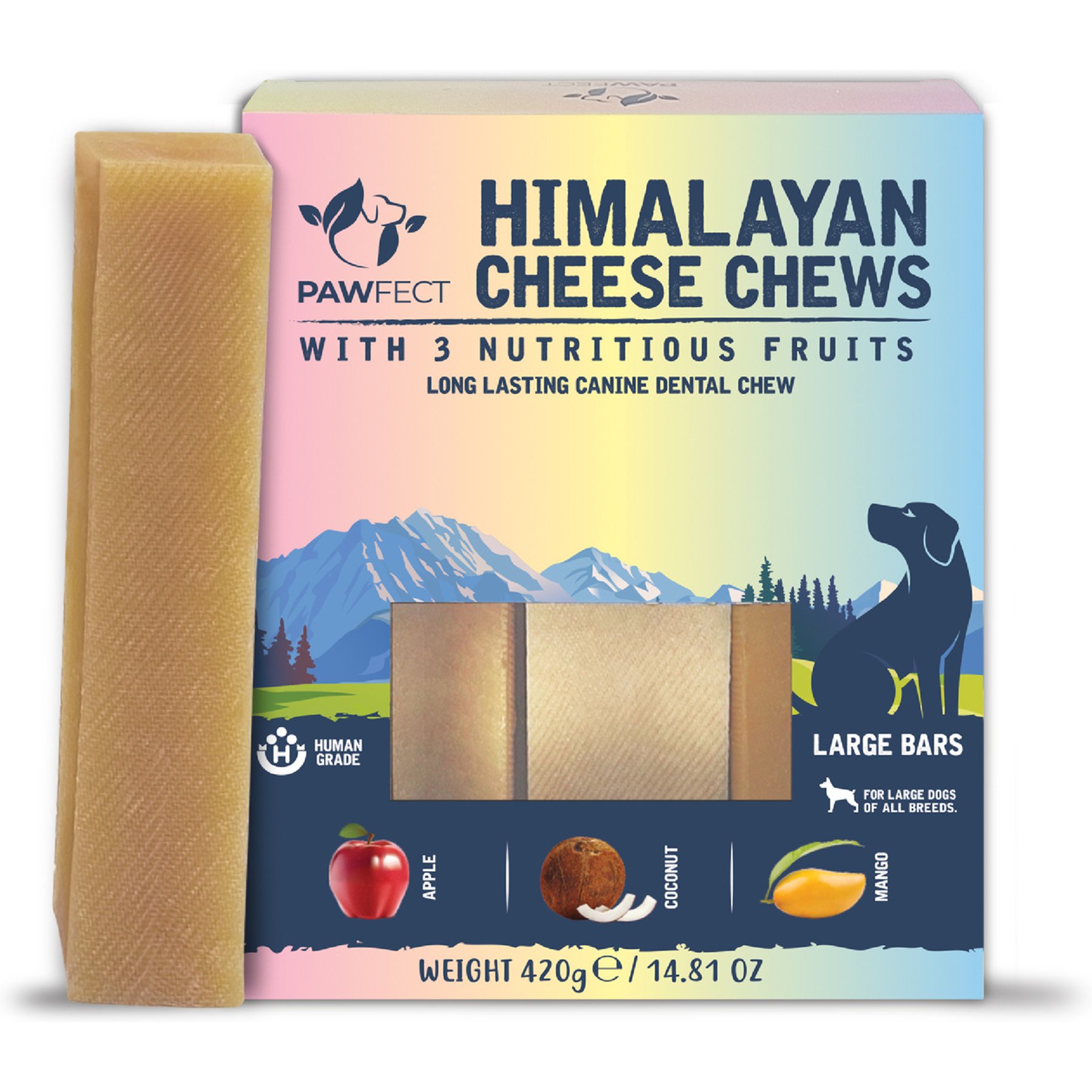 Pawfect Himalayan Yak Cheese Chews Large Long-Lasting All-Natural with Real Apple, Coconut & Mango Dental Dog Treats, 3 count