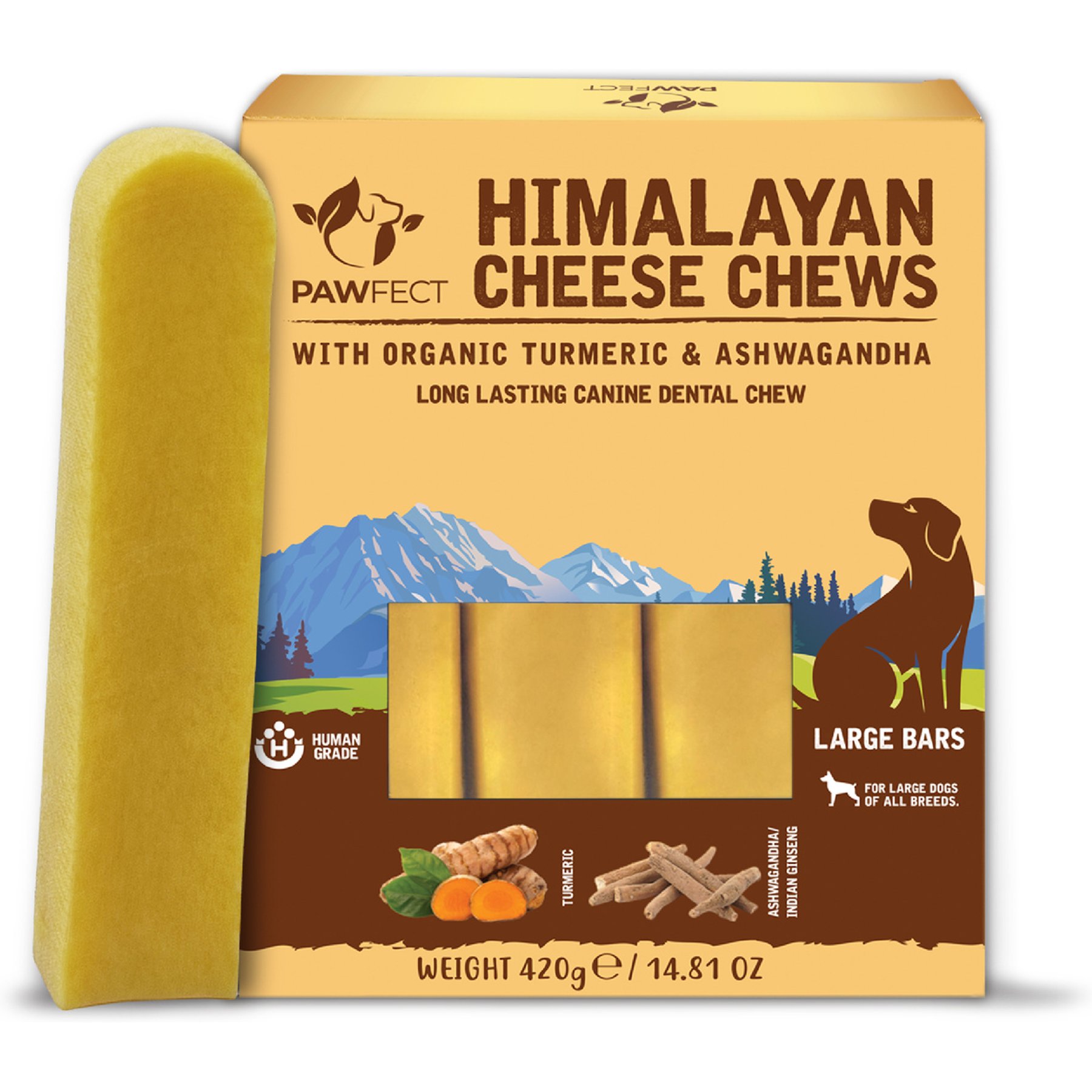 Pawfect Himalayan Yak Cheese Chews Large Long-Lasting All-Natural with Real Turmeric & Ashwagandha-Indian Ginseng Dental Dog Treats, 14.81-oz
