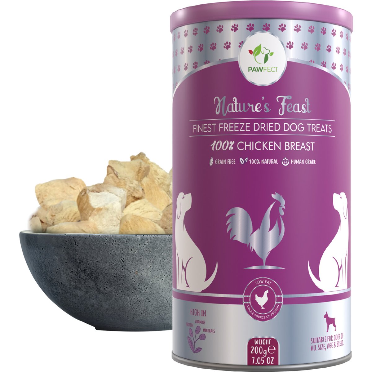 Pawfect Nature's Feast All Natural Grain-Free Chicken Breast Freeze-Dried Single Ingredient Dog Training Treats, 7.05-oz canister