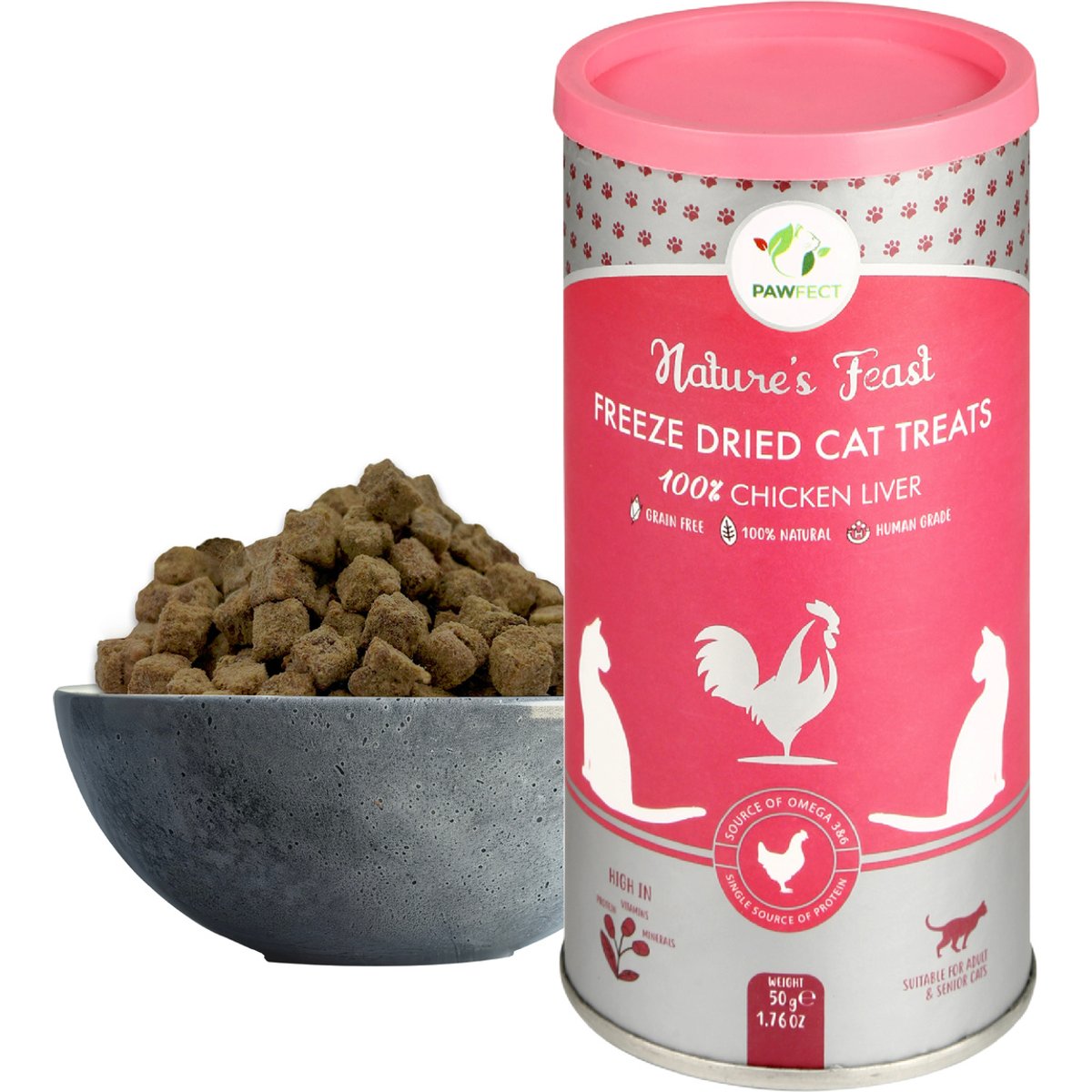 Pawfect Nature's Feast All Natural Grain-Free Chicken Liver Freeze-Dried Single Ingredient Cat Training Treats, 1.76-oz canister