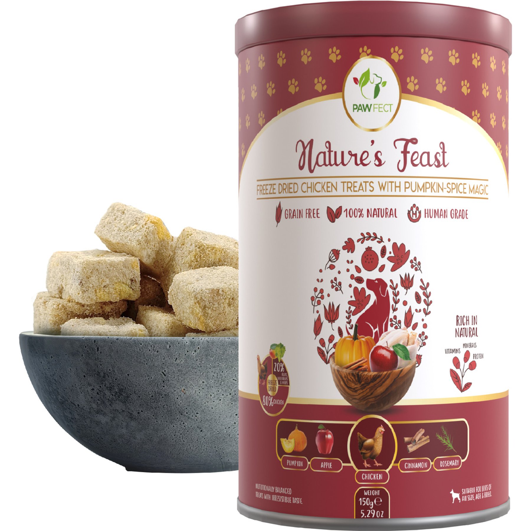 Pawfect Nature's Feast All Natural Grain-Free Chicken with Pumpkin, Apple, Cinnamon & Rosemary Freeze-Dried Dog Training Treats, 5.29-oz canister