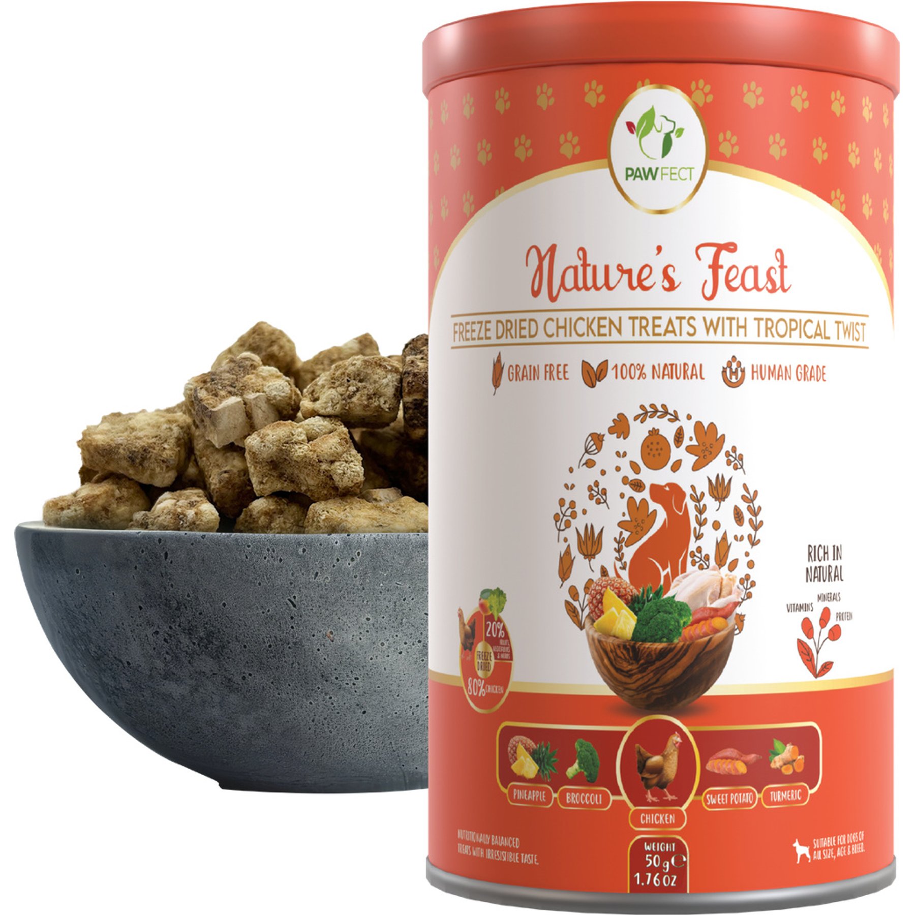 Pawfect Nature's Feast All Natural Grain-Free Chicken with Tropical Fruits & Vegetables Freeze-Dried Dog Training Treats, 1.76-oz canister