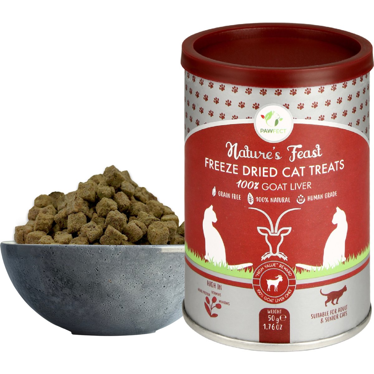 Pawfect Nature's Feast All Natural Grain-Free Goat Liver Freeze-Dried Single Ingredient Cat Training Treats, 1.76-oz canister