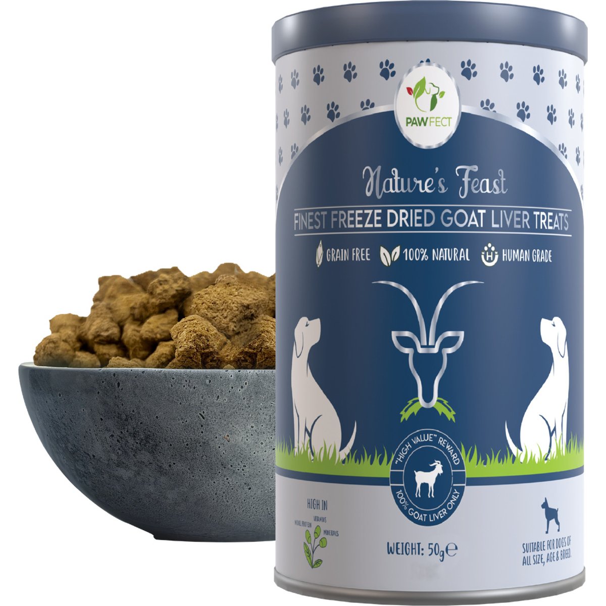 Pawfect Nature's Feast All Natural Grain-Free Goat Liver Freeze-Dried Single Ingredient Dog Training Treats, 1.76-oz canister
