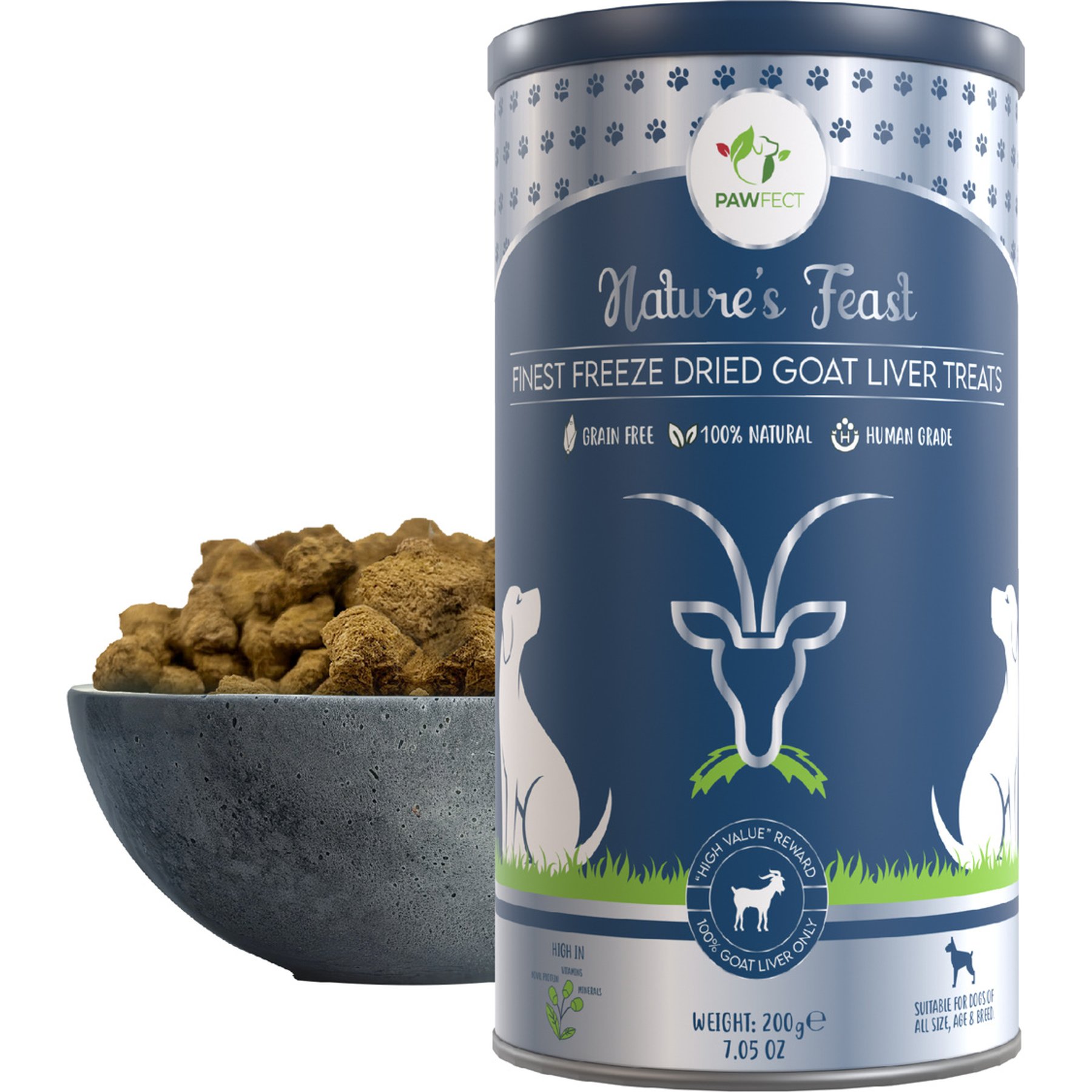 Pawfect Nature's Feast All Natural Grain-Free Goat Liver Freeze-Dried Single Ingredient Dog Training Treats, 7.05-oz canister