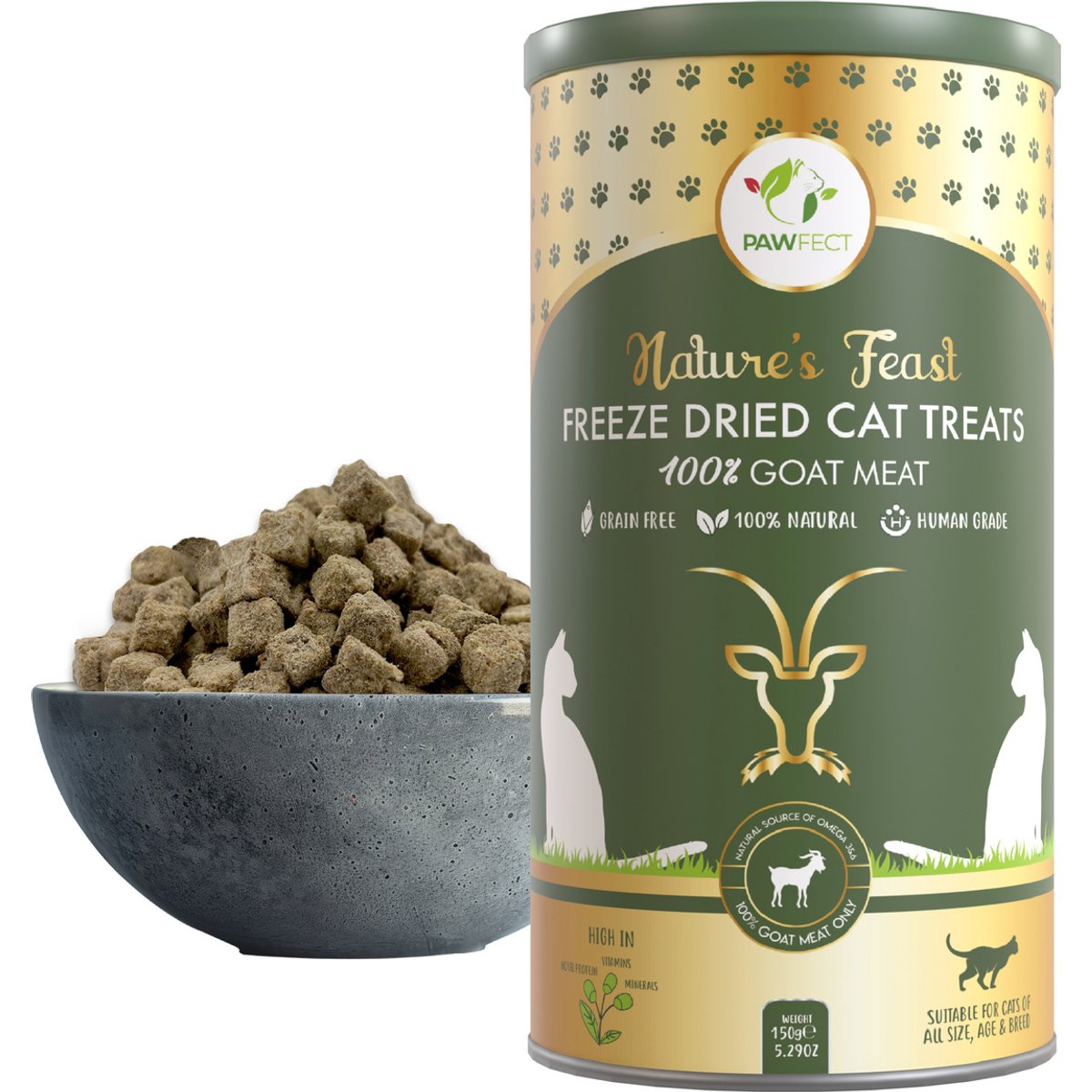 Pawfect Nature's Feast All Natural Grain-Free Goat Meat Freeze-Dried Single Ingredient Cat Training Treats, 5.29-oz canister