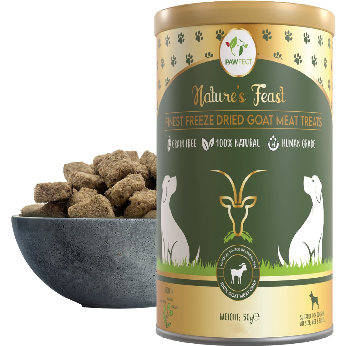 Pawfect Nature's Feast All Natural Grain-Free Goat Meat Freeze-Dried Single Ingredient Dog Training Treats, 1.76-oz canister