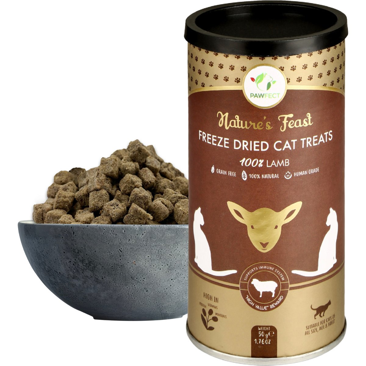 Pawfect Nature's Feast All Natural Grain-Free Lamb Meat Freeze-Dried Single Ingredient Cat Training Treats, 1.76-oz canister