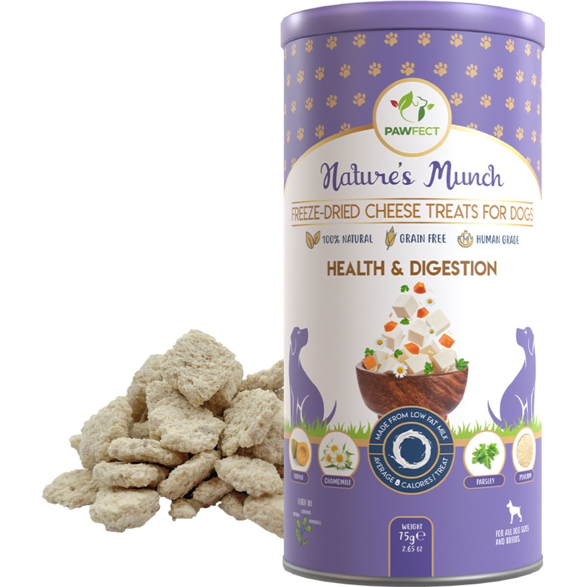 Pawfect Nature's Munch All Natural Grain-Free Health & Digestion Cheese Freeze-Dried Dog Training Treats, 2.65-oz canister
