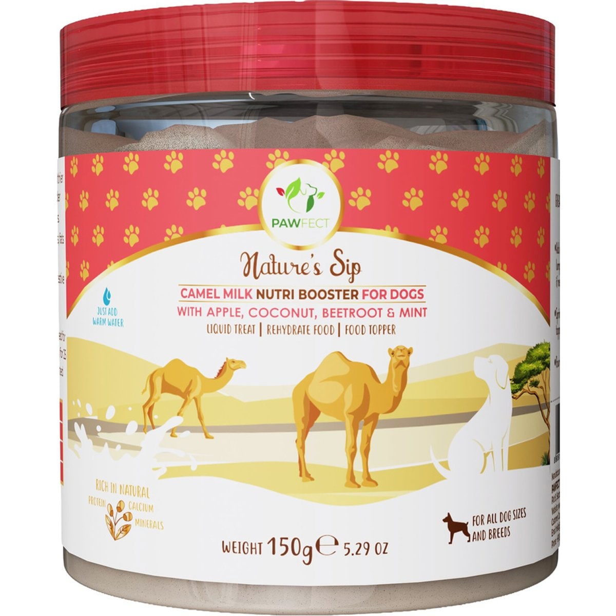 Pawfect Nature's Sip Camel Milk Powder with Apple, Coconut, Beetroot & Mint Grain-Free Dog Food Topper & Liquid Treat, 5.29-oz jar