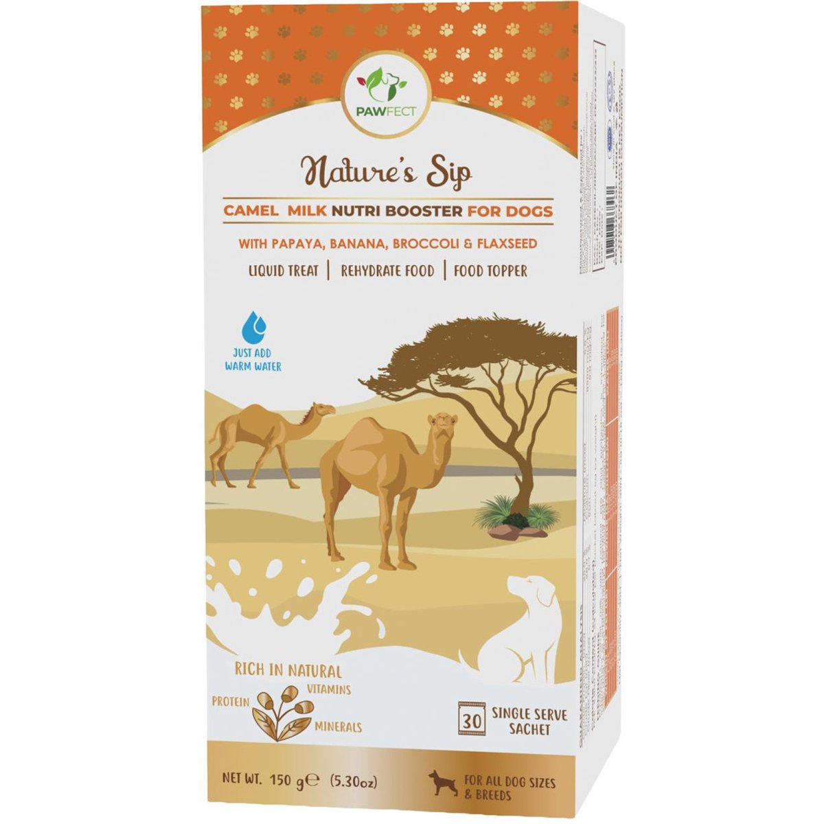Pawfect Nature's Sip Camel Milk Powder with Papaya, Banana, Broccoli & Flaxseed Grain-Free Dog Food Topper & Liquid Treat, 5.29-oz carton
