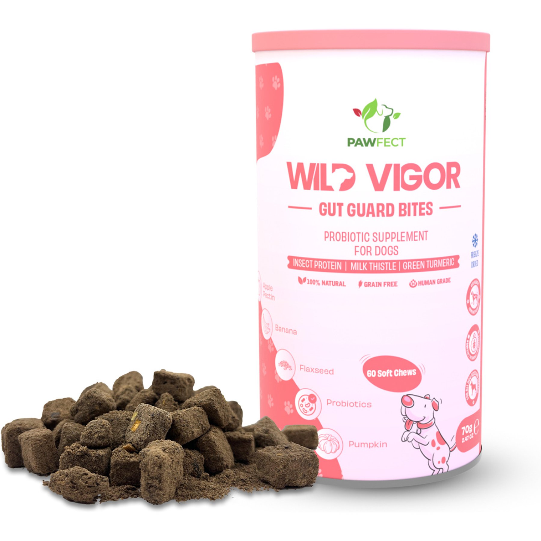 Pawfect Wild Vigor Gut Guard Bites All Natural Grain-Free Freeze-Dried Dog Digestive Supplement Chews, 60 count