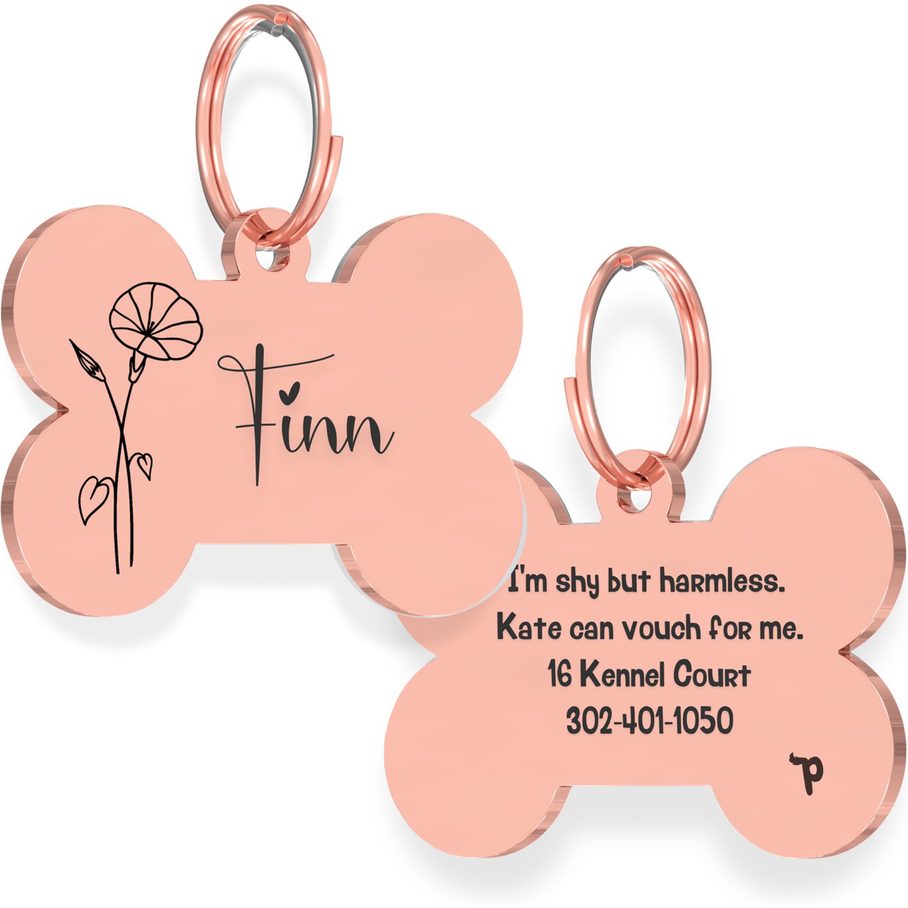 PawFurEver Bone Personalized Engraved Dog ID Tag, Rose Gold, Morning Glory-Sep