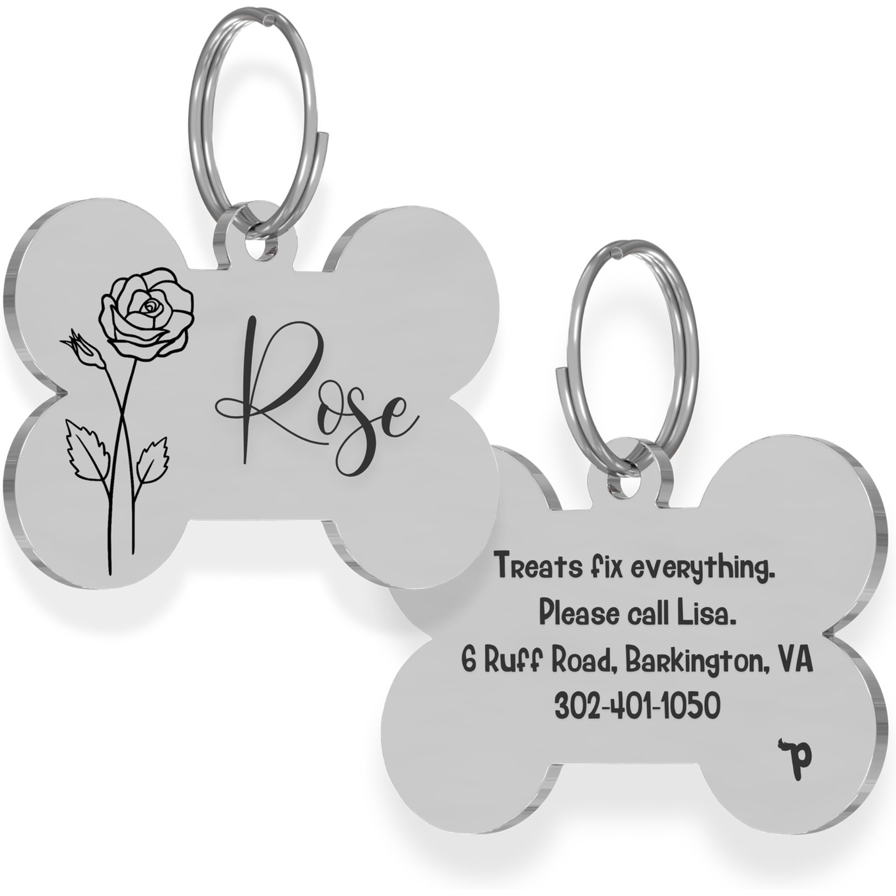 PawFurEver Bone Personalized Engraved Dog ID Tag, Silver, Rose-Jun