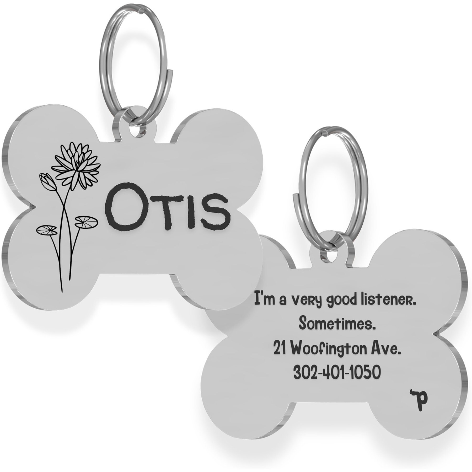 PawFurEver Bone Personalized Engraved Dog ID Tag, Silver, Water Lily-Jul