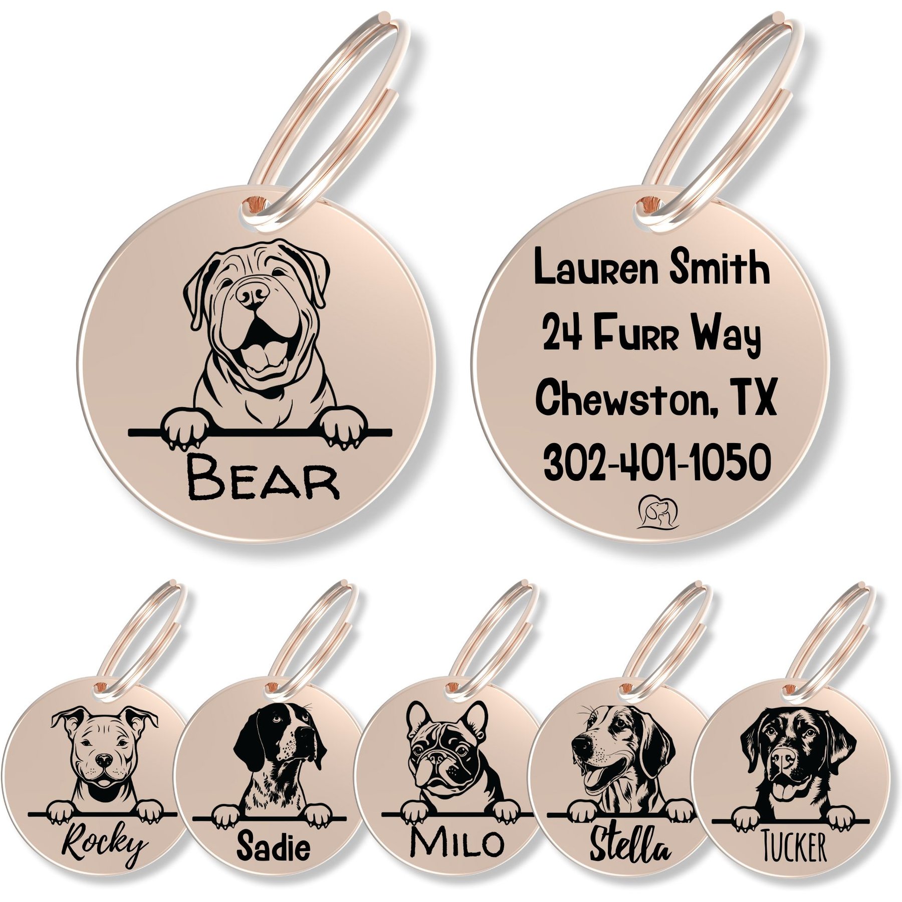 PawFurEver Dog Breed Stainless Steel Personalized Dog ID Tag, Shar Pei, Rose