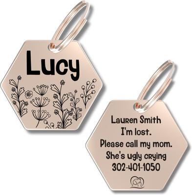 Show full view: PawFurEver Hexagon Personalized Dog ID Tag, Rose Gold, Wildflower slide 1 of 10
