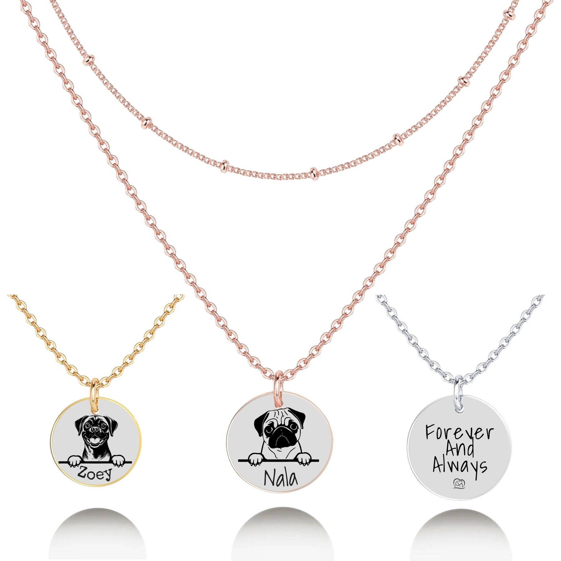 PawFurEver Personalized Dog Breed Memorial Necklace, Pug, Rose Gold