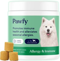 Pawfy Allergy Relief & Immune Support Turkey Flavored Chew Supplement for Dogs, 8.46-oz bag, 30 count