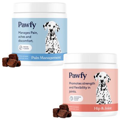Show full view: Pawfy Pain Management Bacon Flavor Chews + Hip & Joint Chicken Flavor Dog Supplement slide 1 of 9