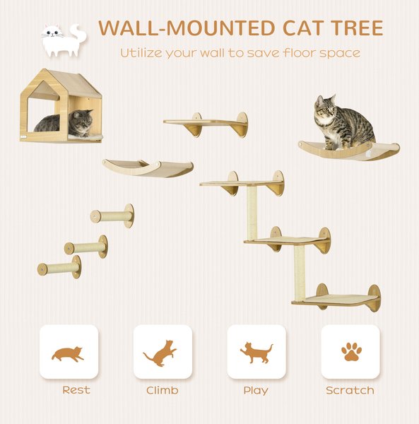 PawHut 10 Level Wood Wall Mounted Cat Shelves, Oak