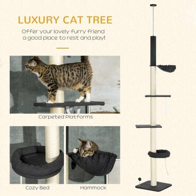 Show full view: PawHut 106-in Floor-to-Ceiling Adjustable Sisal Cat Tree, Black & Cream slide 4 of 9
