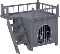 PawHut 2-Level Outdoor Wooden Cat House with Lockable Wire Door & Balcony, Grey, 28.75 x 20.5 x 25.75-in
