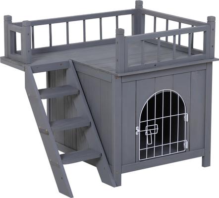 Show full view: PawHut 2-Level Outdoor Wooden Cat House with Lockable Wire Door & Balcony, Grey, 28.75 x 20.5 x 25.75-in slide 1 of 9