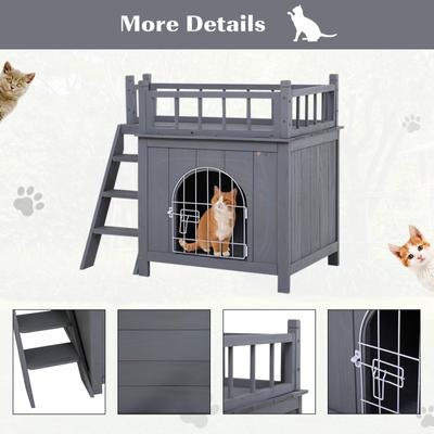 Show full view: PawHut 2-Level Outdoor Wooden Cat House with Lockable Wire Door & Balcony, Grey, 28.75 x 20.5 x 25.75-in slide 7 of 9